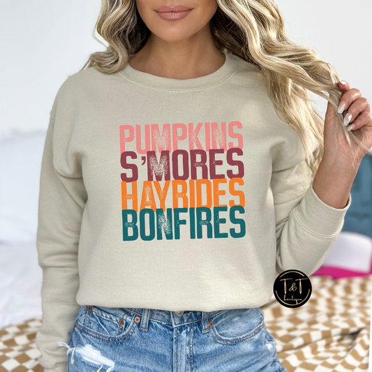 Pumpkin smores hayrides bonfires sweater