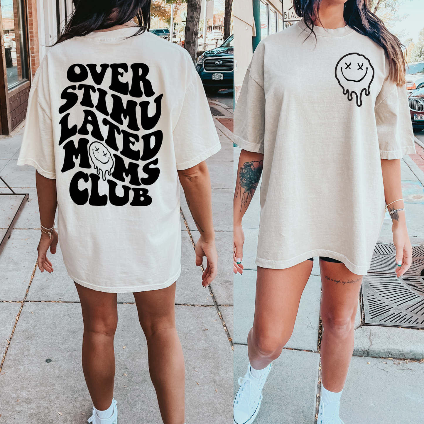 Overstimulated moms club tan tee